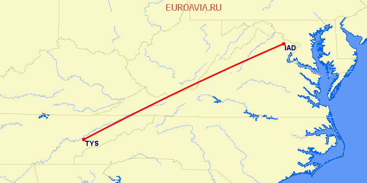 перелет Вашингтон — Ноксвилл на карте