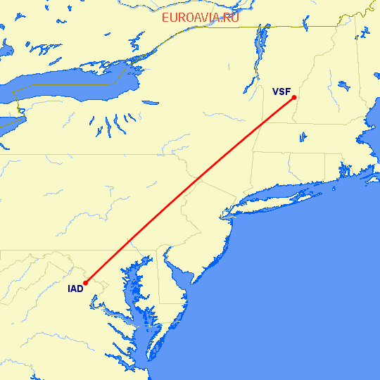 перелет Вашингтон — Springfield на карте
