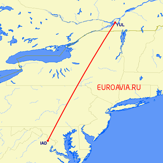 перелет Вашингтон — Монреаль на карте