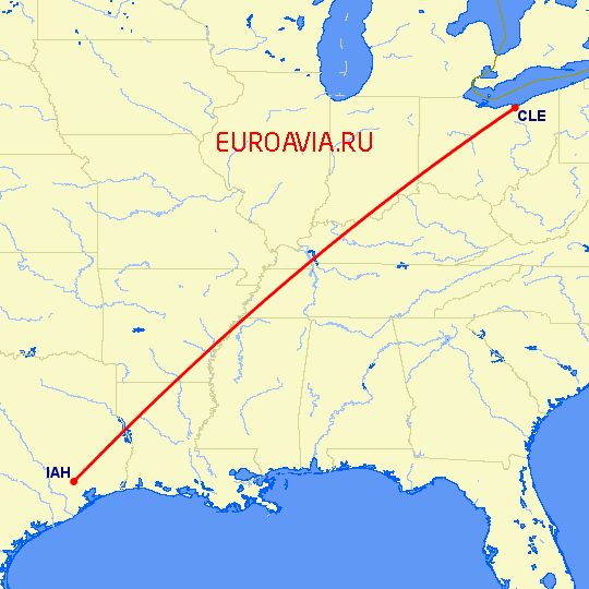 перелет Хьюстон — Кливленд на карте