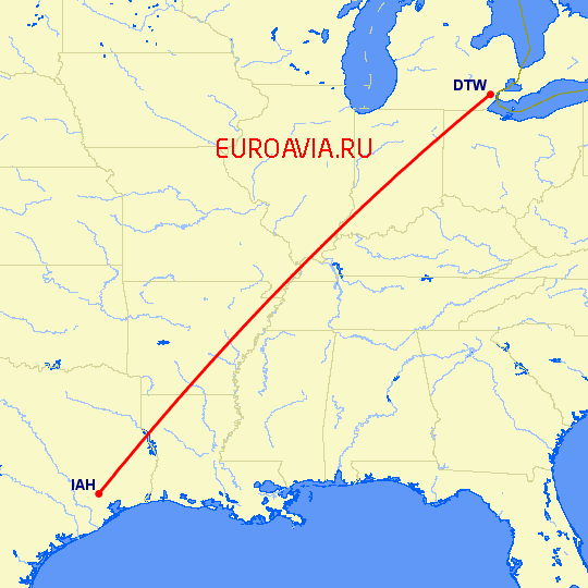 перелет Хьюстон — Детройт на карте