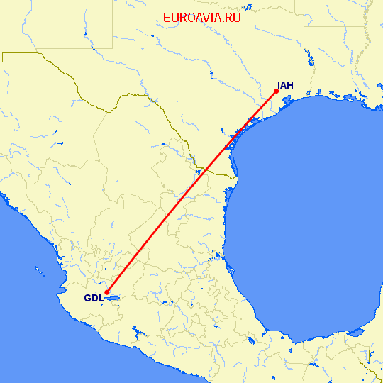 перелет Хьюстон — Гуадалахара на карте