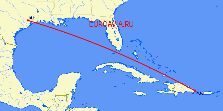 перелет Хьюстон — Пунта Кана на карте