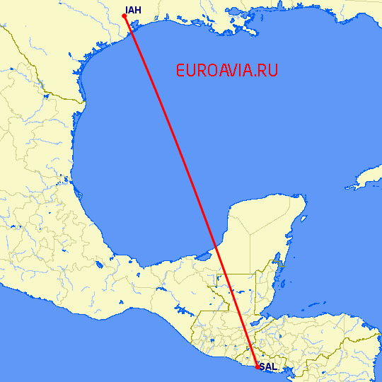 перелет Хьюстон — Сан Сальвадор на карте