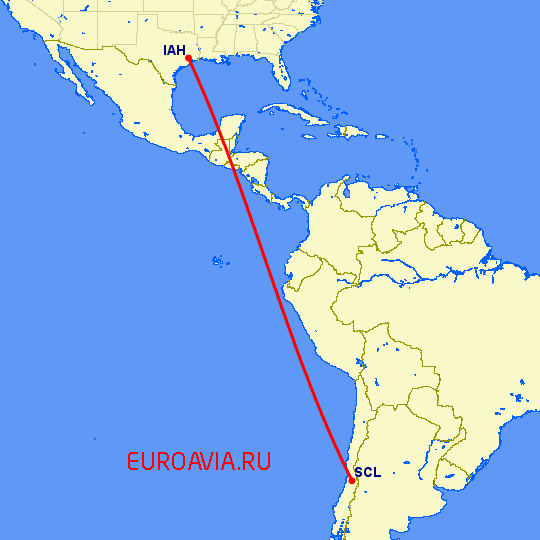 перелет Хьюстон — Сантьяго на карте