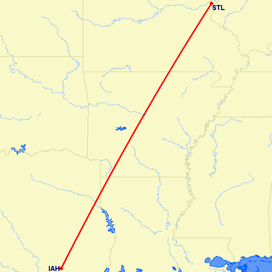 перелет Хьюстон — Сент Луис на карте