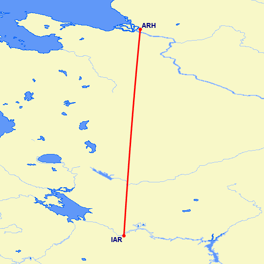 перелет Ярославль — Архангельск на карте