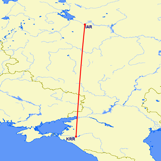 перелет Ярославль — Краснодар на карте