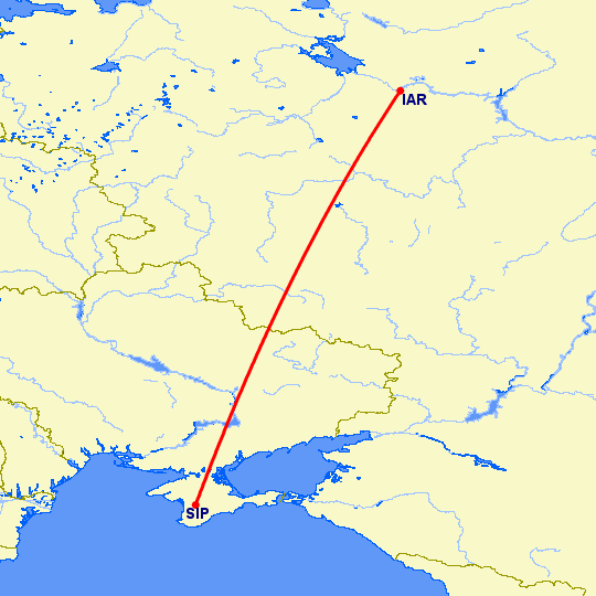 перелет Ярославль — Симферополь на карте
