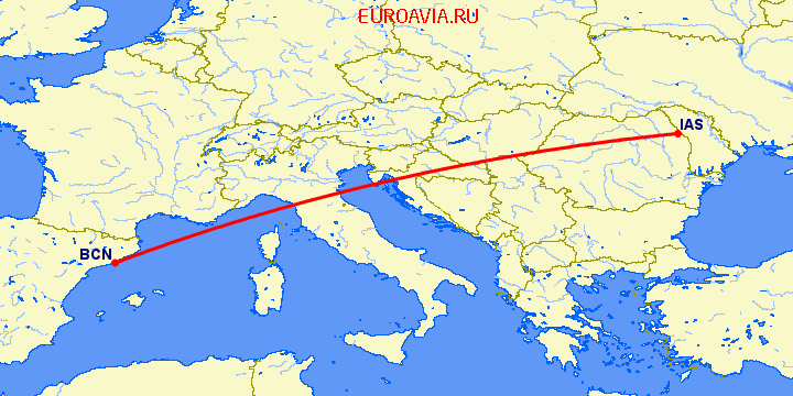 перелет Иаси — Барселона на карте