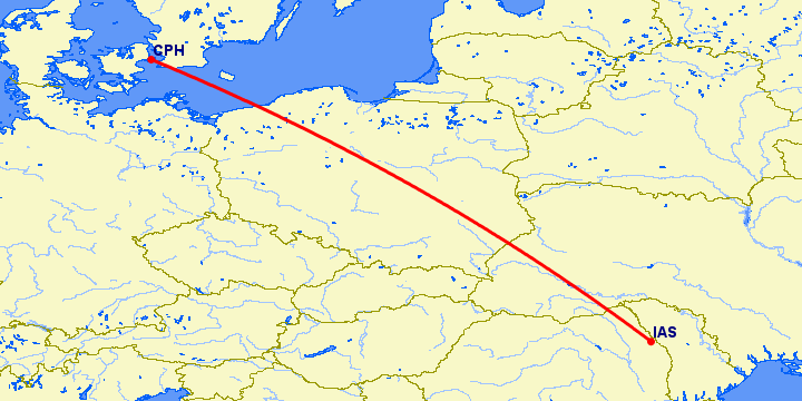 перелет Иаси — Копенгаген на карте