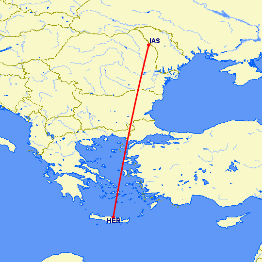 перелет Иаси — Ираклион на карте