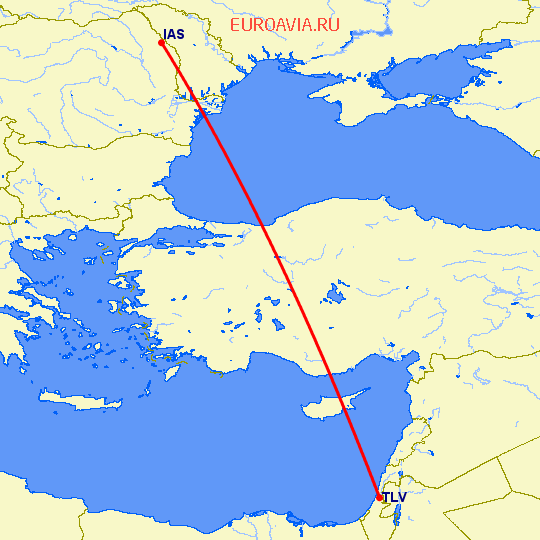 перелет Иаси — Тель Авив на карте