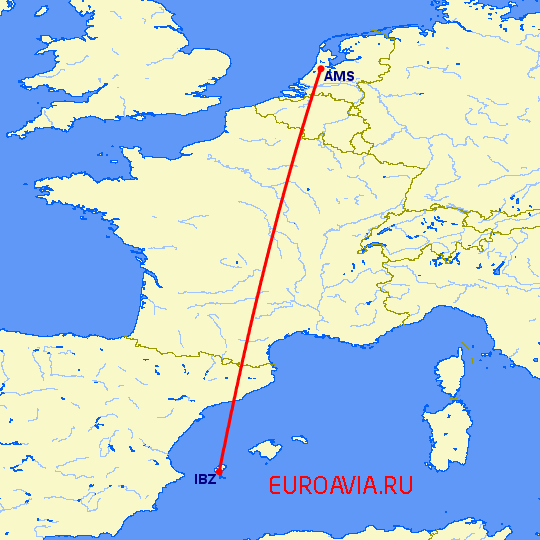перелет Ибица — Амстердам на карте
