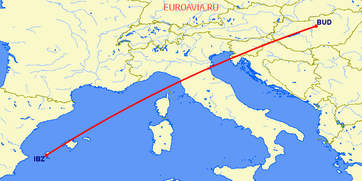 перелет Ибица — Будапешт на карте