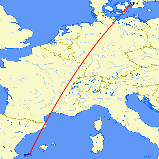 перелет Ибица — Копенгаген на карте