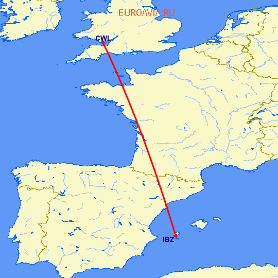 перелет Ибица — Кардифф на карте
