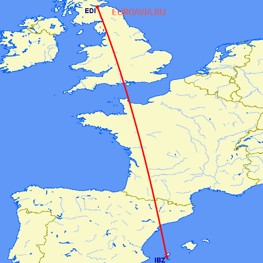перелет Ибица — Эдинбург на карте