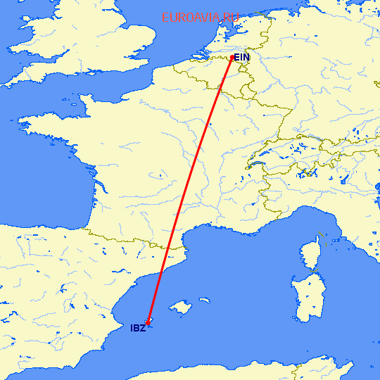 перелет Ибица — Эйндховен на карте