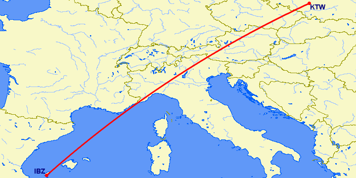 перелет Ибица — Катовице на карте