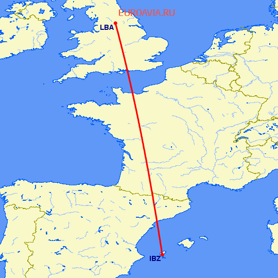 перелет Ибица — Лидс на карте