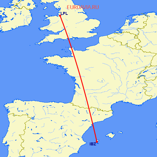 перелет Ибица — Ливерпуль на карте