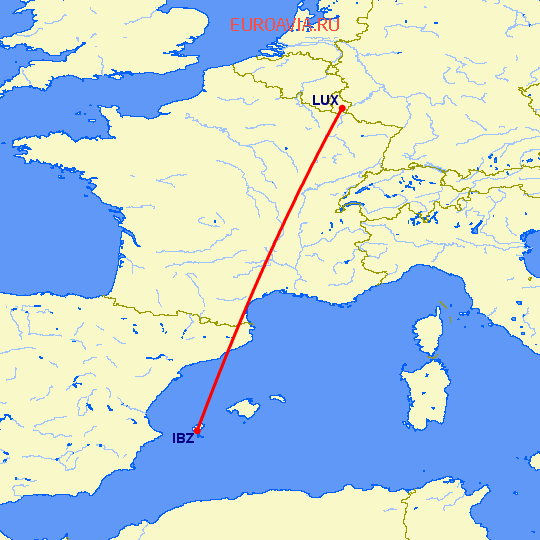 перелет Ибица — Люксембург на карте