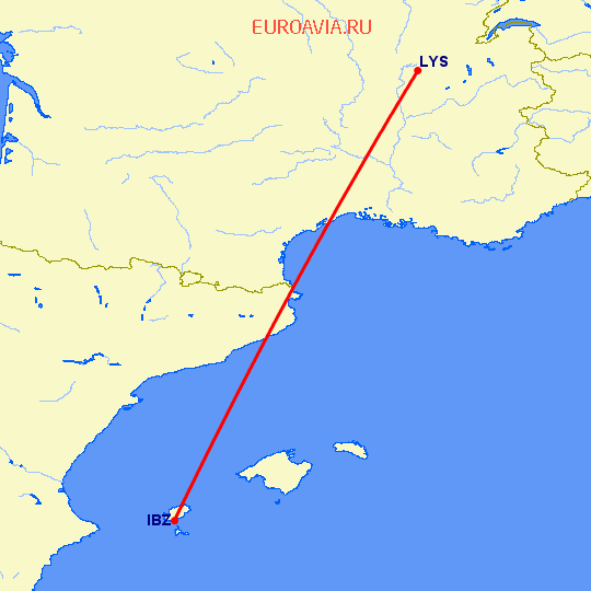 перелет Ибица — Лион на карте