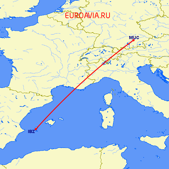 перелет Ибица — Мюнхен на карте