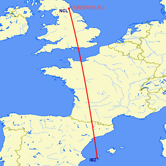 перелет Ибица — Ньюкасл на карте