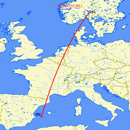 перелет Ибица — Осло на карте