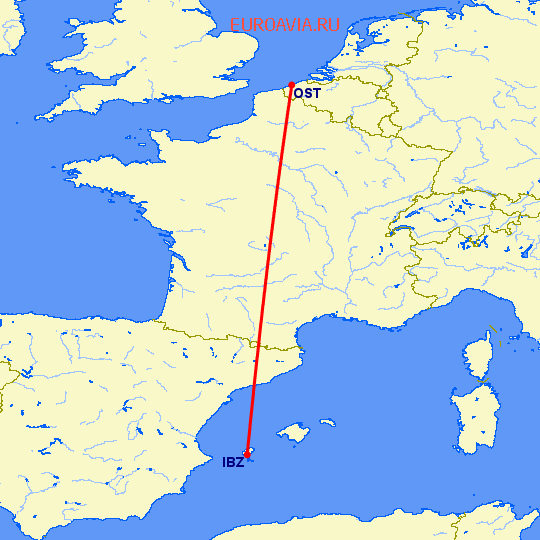 перелет Ибица — Ostend на карте