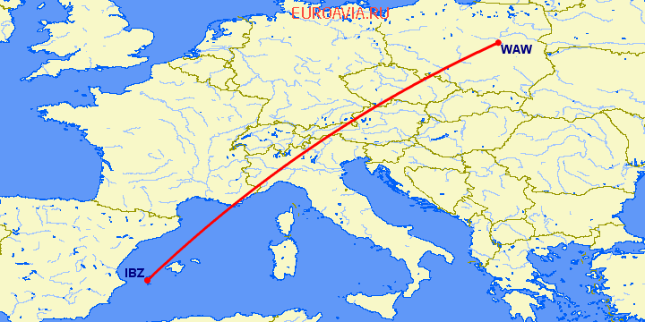 перелет Ибица — Варшава на карте