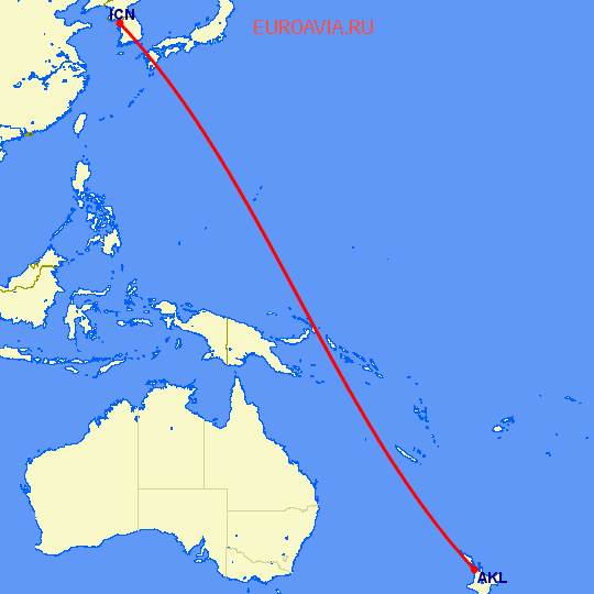 перелет Сеул — Окленд на карте