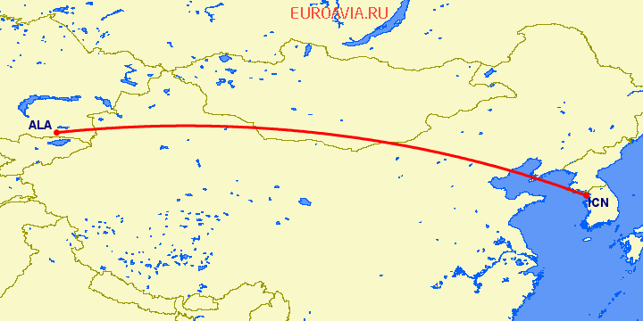 перелет Сеул — Алматы на карте