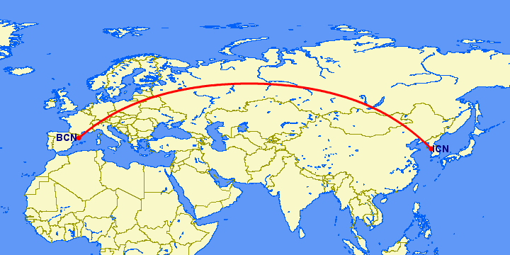 перелет Сеул — Барселона на карте