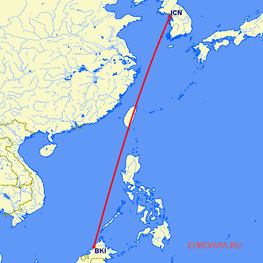 перелет Сеул — Kota-Kinabalu на карте