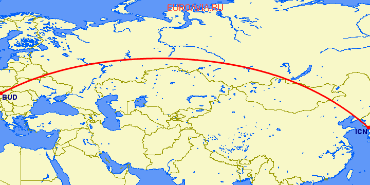 перелет Сеул — Будапешт на карте