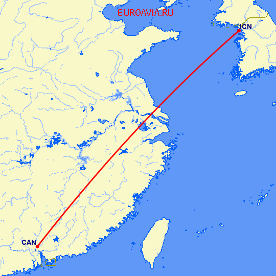 перелет Сеул — Гуанчжоу на карте