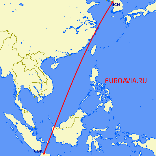 перелет Сеул — Джакарта на карте