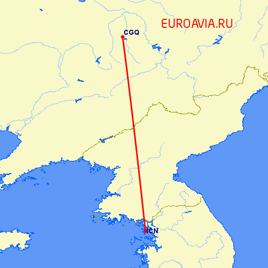 перелет Сеул — Чаньчунь на карте