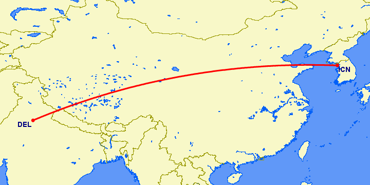 перелет Сеул — Нью Дели на карте