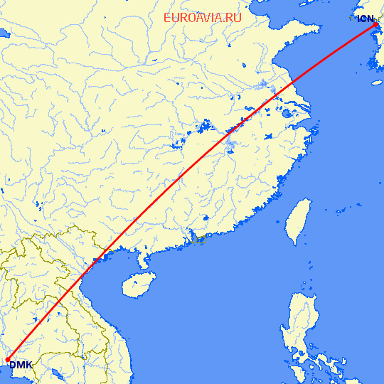 перелет Сеул — Бангкок на карте