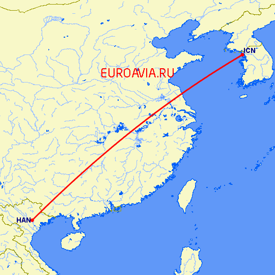 перелет Сеул — Ханой на карте