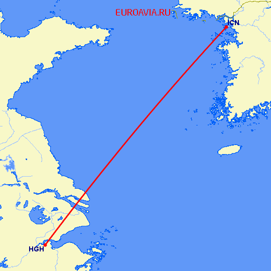 перелет Сеул — Ханчжоу на карте