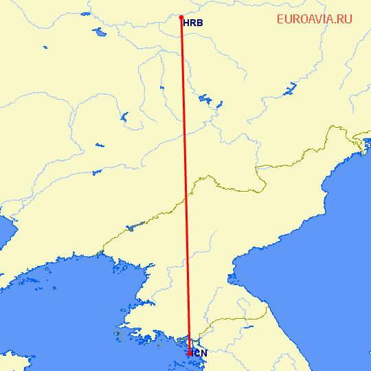 перелет Сеул — Харбин на карте