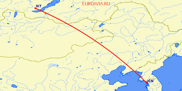 перелет Сеул — Иркутск на карте