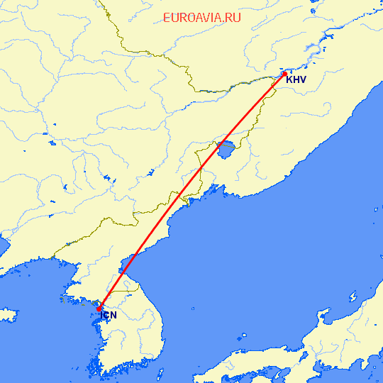 перелет Сеул — Хабаровск на карте