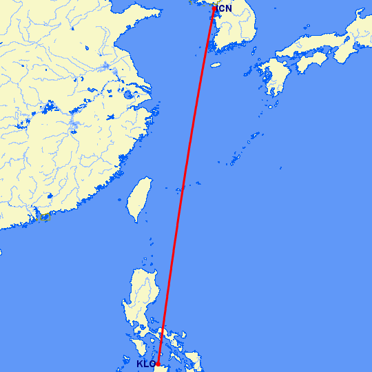 перелет Сеул — Калибо на карте