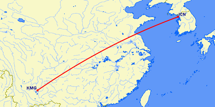 перелет Сеул — Кунминг на карте